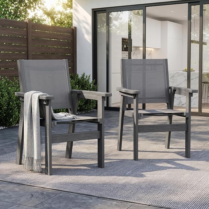 HDPE Outdoor Dining Chairs Set of 2 | Textilene Weather Resistant Patio Stackable Chairs for Garden, Backyard, Lawn and Poolside, Grey