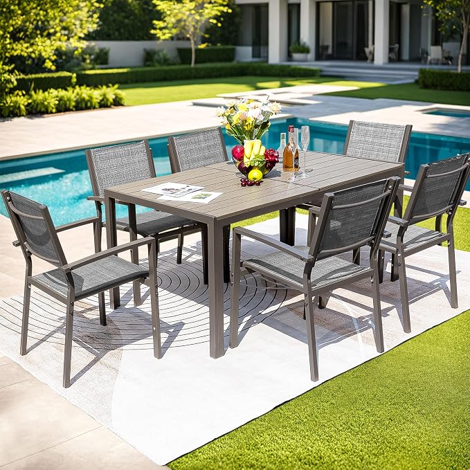 GUNJI 7 Piece Patio Furniture Set,Outdoor Dining Set with 6 Stackable Textilene Chairs and 60" Rectangular Table,Family Conversation Set for Garden Backyard Deck (Gray)