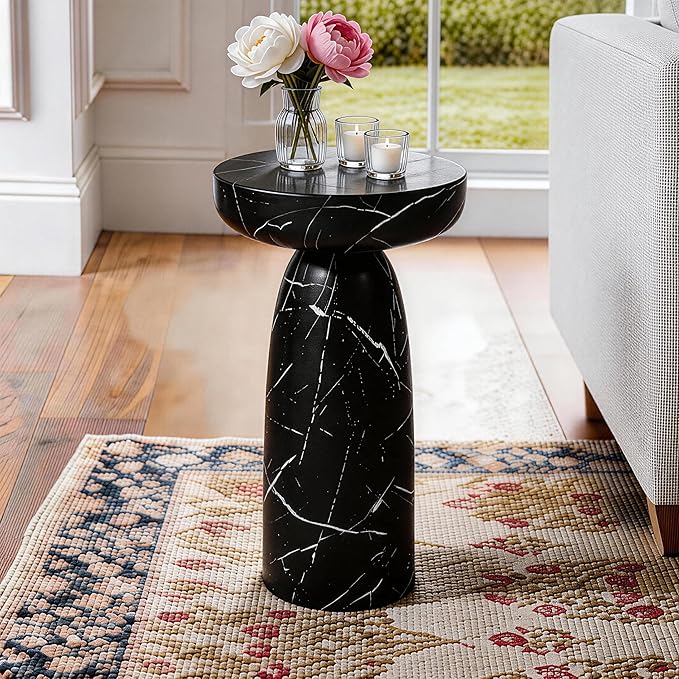Marble Side Table, 24" Modern Accent Table with Pedestal Stand, Durable Faux Marble Side Table for Small Spaces, Marble Look Coffee Table Accent Drink Tables for Living Room Patio Balcony