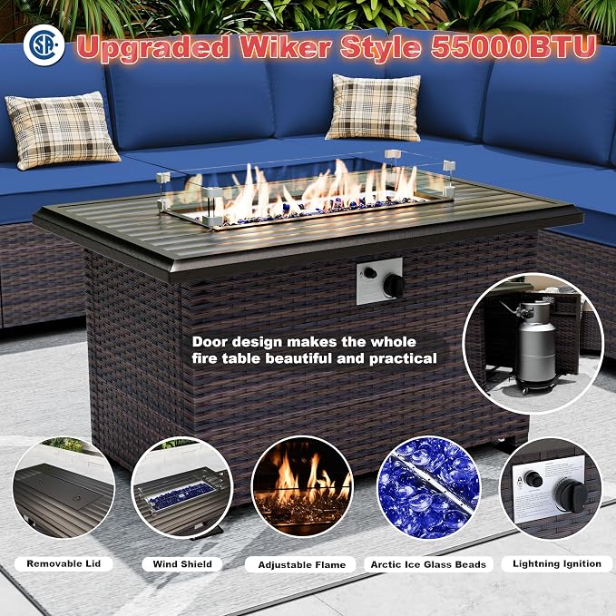 10 Pieces Patio Furniture Set with 2 Swivel Chairs Patio Furniture Outdoor Sectional Sofas with 55000 Gas Fire Pit Patio Conversation Set w/7 Cushions-Blue