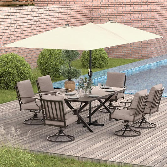 Gotland 7 Piece Outdoor Dining Table and Chairs for 6 with 14Ft Double-Sided Umbrella, Patio Swivel Dining Chairs for 6, Rectangular Patio Dining Table with Umbrella Hole Outdoor Patio Set