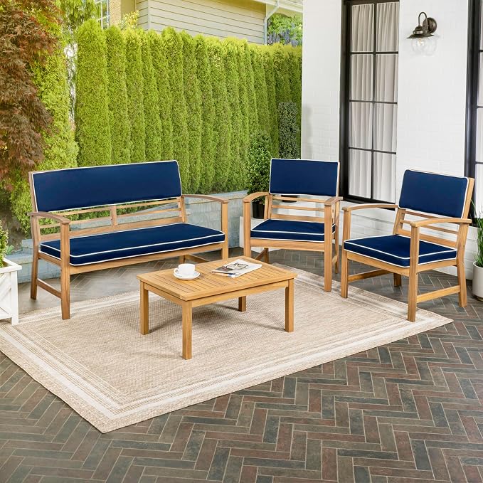 JONATHAN Y Barclay Modern 4-Piece Acacia Wood Outdoor Patio Set, Conversation Seating Group with Removable Cushions and Coffee Table for Backyard, Porch, Garden, Poolside, Navy LVG1000C-4SET
