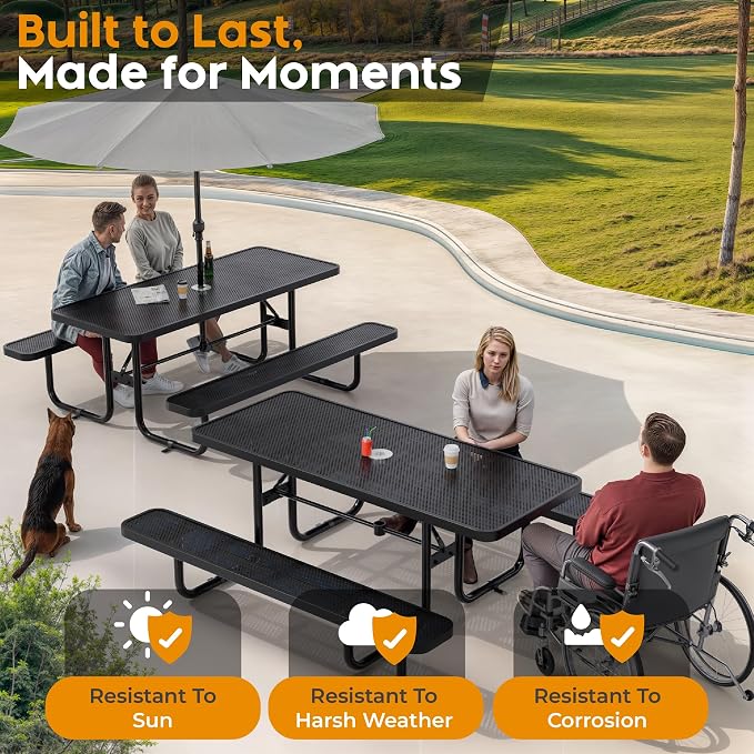 Commercial Heavy-Duty Metal Picnic Table - ADA Compliant, Adjustable Seats, Umbrella Hole (Black, 6' Rectangular, Punched Steel)