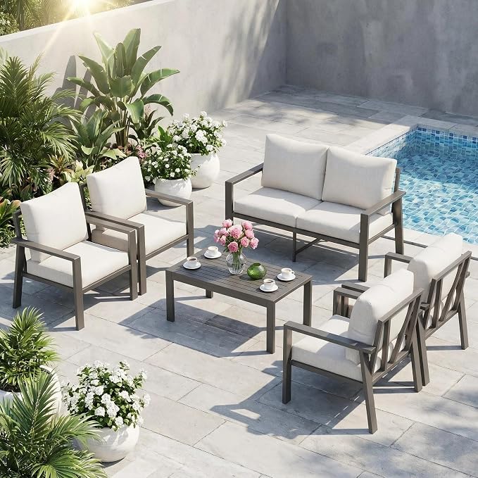 Aluminum Patio Conversation Set 6 Pieces Metal Deck Outdoor Furniture 6-Seat All-Weather Rust-Proof Sectional Sofa Set with Removable Cushion for Balcony, Yard, Poolside & Small Spaces