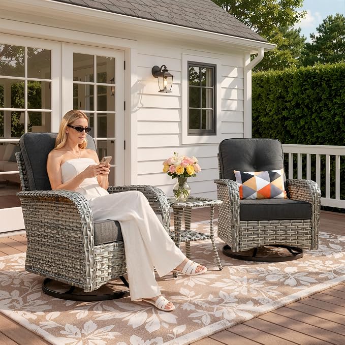 Outdoor Swivel Rocking Chair Set of 2 with Coffee Table, Wicker Patio Glider Chairs with 4 Inch Thick Cushions, 350lbs Capacity High Back Rattan Furniture Set for Sunroom and Small Spaces, Black