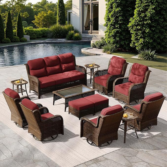 HILLGA Luxury Outdoor Patio Furniture Set with 6-Inch Thick Cushions,High Back Wicker Swivel Rocker Chairs, 13 Pcs All Weather Conversation Set for Large Deck, Yard and Poolside, Burgundy (V3)