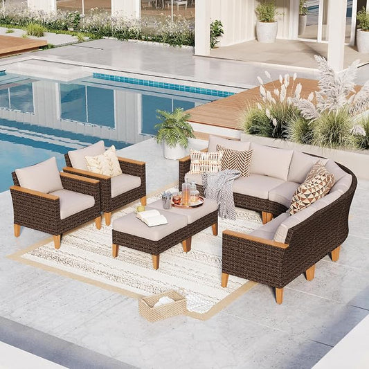 GREEN PARTY 10 Pieces Wicker Patio Furniture Set, All-Weather Outdoor Rattan Half-Moon Curved Patio Sectional Sofa Conversation Set with 4" Thick Cushions for Garden, Backyard, 2 x Ottomans