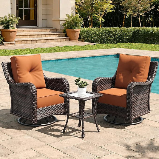 3 Pieces Outdoor Furniture Set with 6-inch Cushions, High Back Wicker Swivel Rocker Chairs with Coffee Table, Luxury Conversation Set for Deck Patio and Poolside
