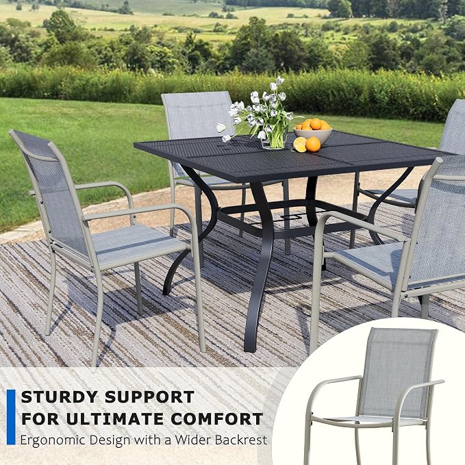 5-Piece Outdoor Dining Set, Square Metal Table with Beige Chairs, Black Patio Table with Umbrella Hole for Garden, Yard, Patio