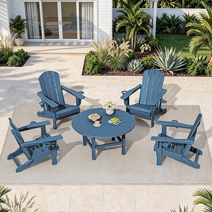 SERWALL 5-Piece Outdoor Furniture Set, Round Coffee Table with Umbrella Hole & Adirondack Chairs with Cup Holders, Blue