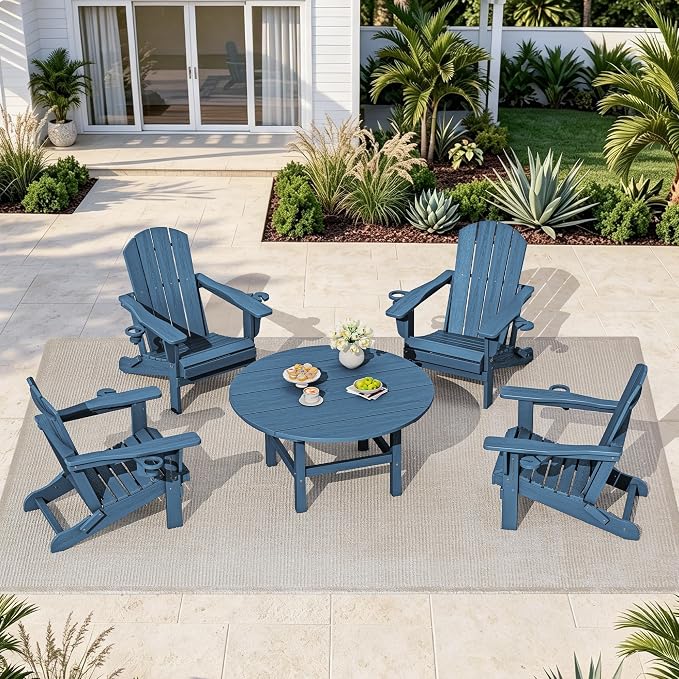 SERWALL 6-Piece Patio Set, 4 Folding Adirondack Chairs with Cup Holders, Round Table & Center Pole Umbrella, HDPE Plastic, Blue