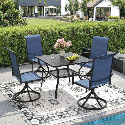 DIFY 5 Piece Outdoor Patio Dining Set for 4, 37.8" Black Square Metal Dining Table and Swivel Patio Chairs with Blue Padded Textilene, All-Weather Outdoor Furniture Set for Garden Backyard Porch