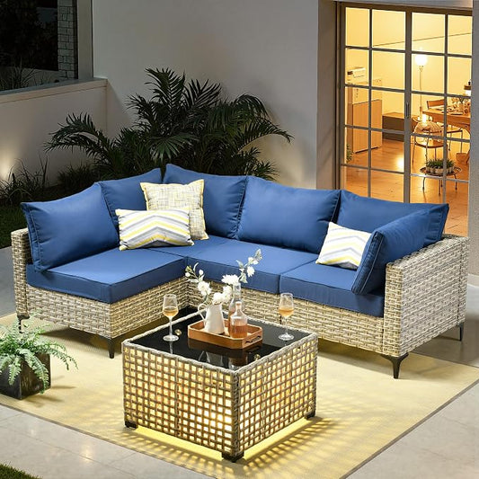 Outdoor Sectional Patio Furniture Set,5 Pieces Rattan Wicker Conversation Sets L Shaped Couch,Outside Furniture with Glowing Coffee Table,Navy Blue