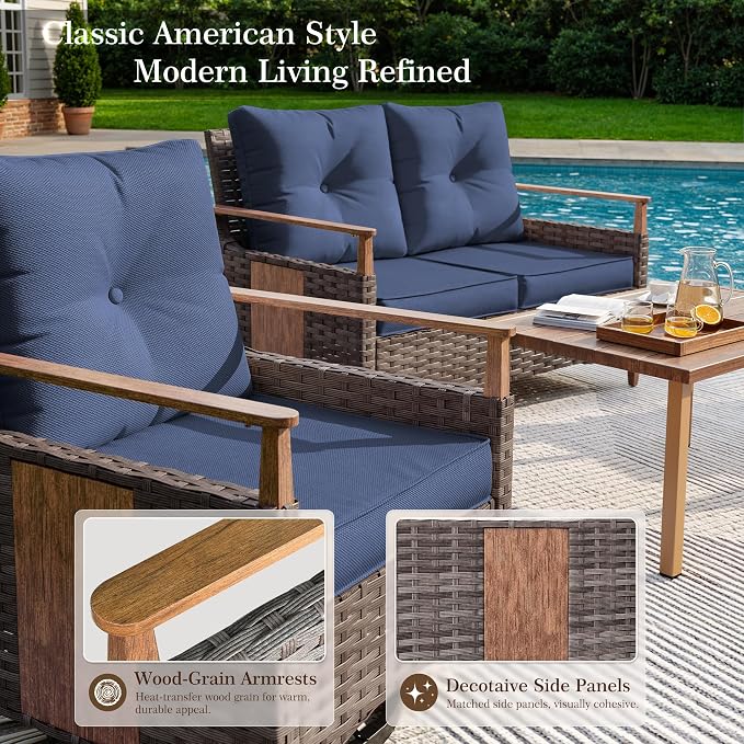 NestNook 4 Pieces Patio Furniture Set, Outdoor All-Weather Handwoven PE Wicker Swivel Chairs, Conversation Set with Coffee Table, Loveseat & Thick Cushion for Backyard, Deck & Poolside, Blue