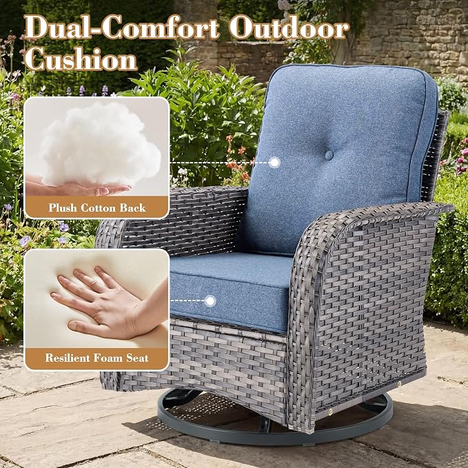 3 Pieces Patio Furniture Set, High Back Outdoor Swivel Rocker Chairs, Wicker Outdoor Furniture with Swivel Rocking Chairs and Side Table for Porch, Backyard, Balcony, Denim Blue