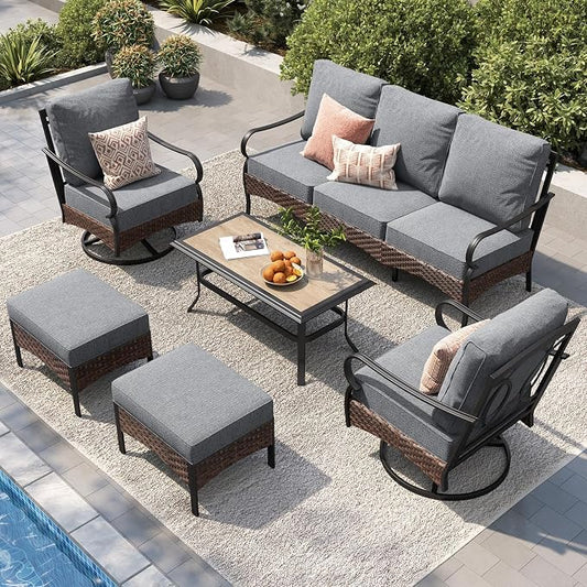 PHI VILLA Patio Furniture Set, Upgraded Wicker & Metal Modern Outdoor Conversation Sets Patio Sectional Swivel Chair Set with Coffee Table & Waterproof Thick Cushions for Porch, Deck(6 Pieces, Grey)