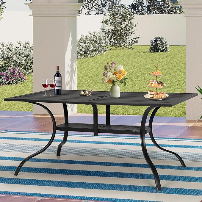 Betterland Patio Rectangular Dining Table 60" x 37" Outdoor Metal Steel Frame & Slat Tabletop with 1.57" Umbrella Hole for 6-8 Person, Classic Black