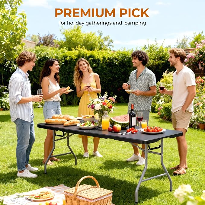 Fenbeli 5FT Folding Table, 350 LBS Heavy Duty with 18% Thicker HDPE Waterproof Top, Fold in Half Portable Table with Handle, Steel Frame for Indoor Outdoor Party, Picnic & Events