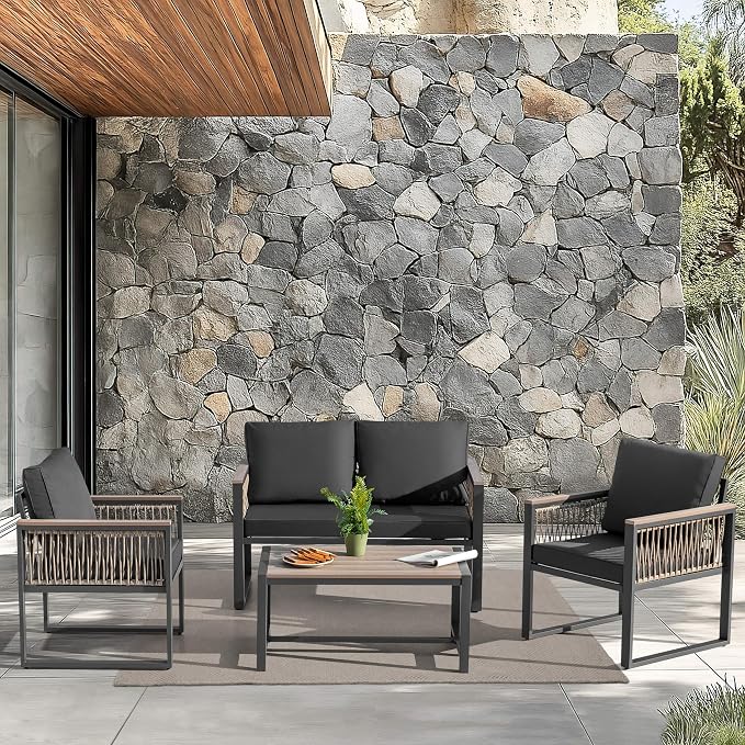 NUU GARDEN 4 Pieces Outdoor Patio Furniture Set, 4 Seats Sectional with Coffee Table, All Weather Wicker Patio Conversation Sets with Armrests and Cushions,Patio Set for Backyard, Garden and Poolside