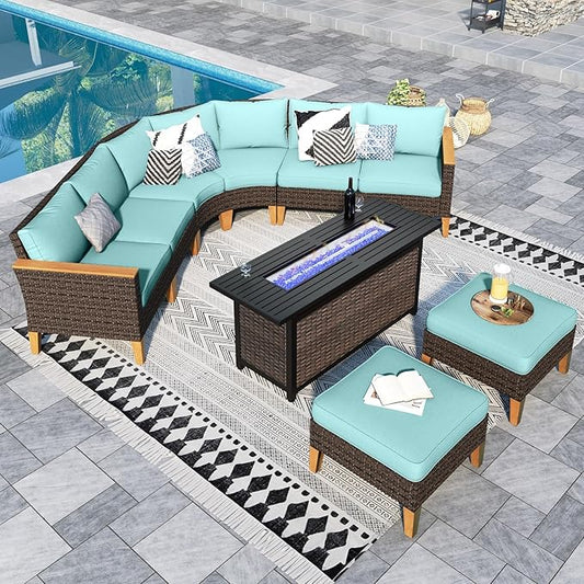 Sophia & William Patio Furniture Set with Fire Pit Table, 9 Piece Half Moon Outdoor Wicker Sectional Sofa Set, Rattan Conversation Set with 56-Inch Fire Pit Table & Ottoman (Aqua Blue)