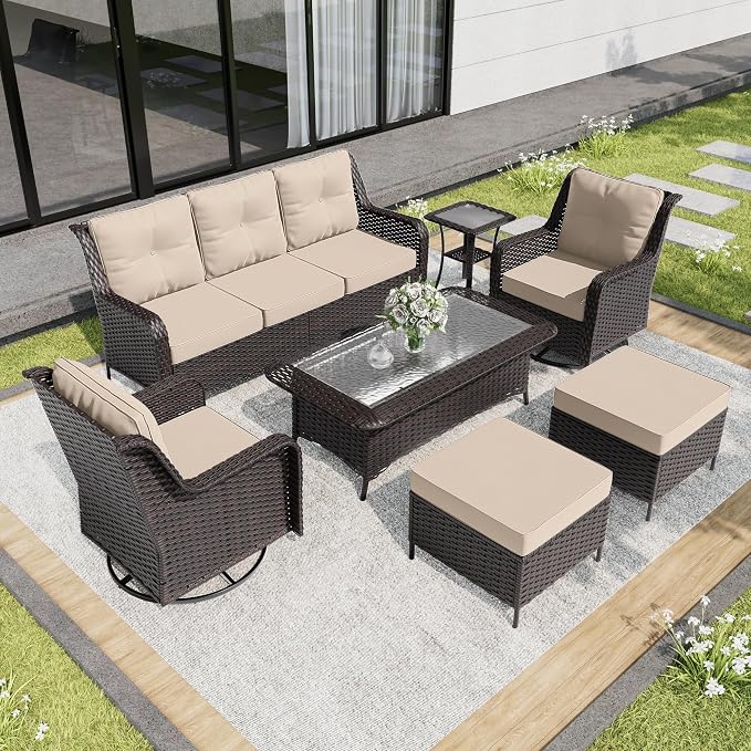 ALAULM 7 Pieces Patio Furniture Set,High Back Wicker Outdoor Sectional Furniture Set with Swivel Chairs & Coffee Table, Patio Conversation Set Thick Cushion for Backyard, Deck, Porch-Sand