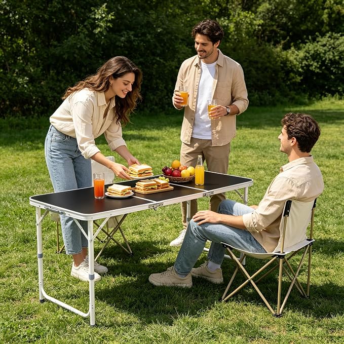3 Feet Small Folding Table with Adjustable Height, Lightweight Portable Utility Table for Travel Picnic BBQ Fishing RV Car Tailgate Camping Beach Outdoor Essentials, MDF Tabletop, Black