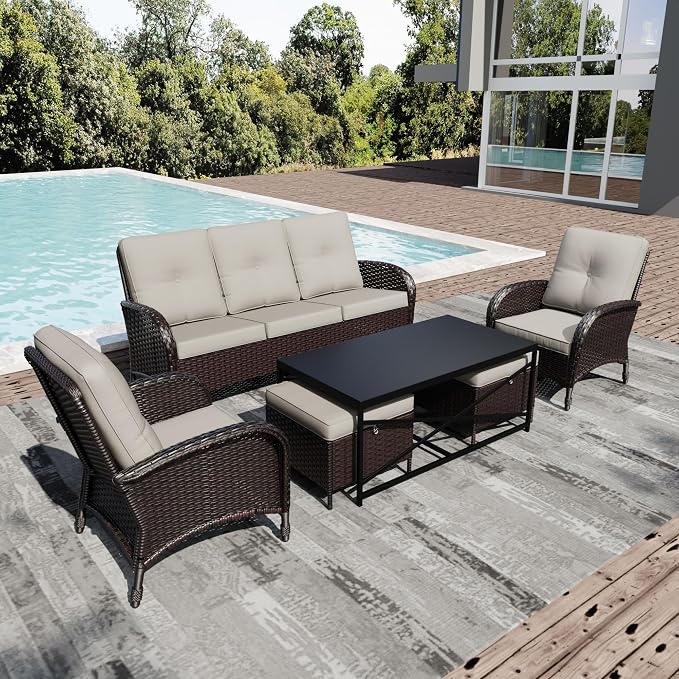 Joyside Wicker Patio Furniture Set, 6 Piece Outdoor Furniture Set with Thickened Cushions, High Back, Deep Seating, Wide Armrest, Rattan Outdoor Chairs for Porch, Deck