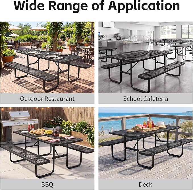 72" Outdoor Rectangular Picnic Table with Umbrella Hole, Heavy Duty Commercial Grade Steel Camping Table for Backyard Patio Deck, Weather-Resistant Black Metal Mesh