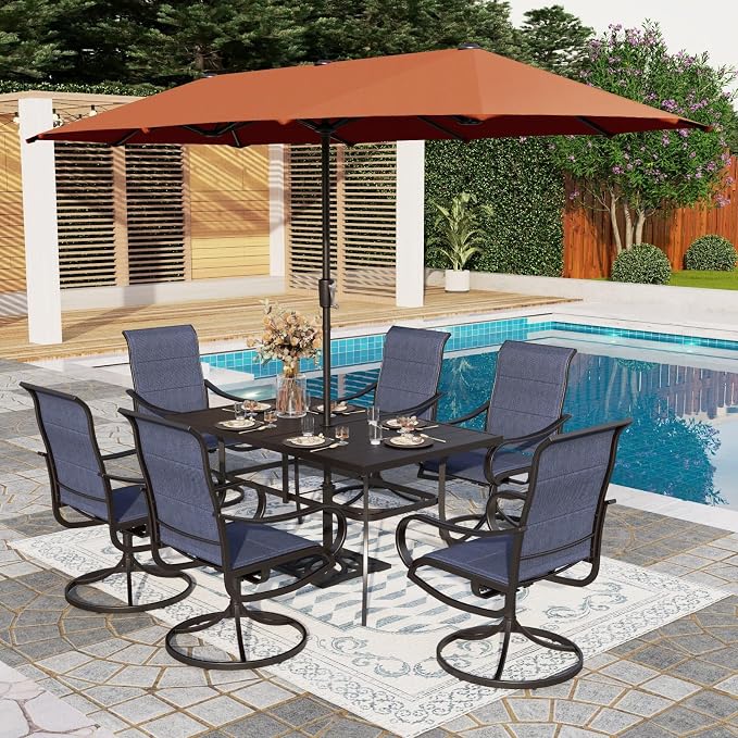 PHI VILLA 8 Piece Patio Dining Set with 13ft Patio Umbrella (Orange Red), 6 Outdoor Padded Swivel Dining Chairs & 1 Large Metal Dining Table for Lawn Garden Backyard (No Umbrella Base)