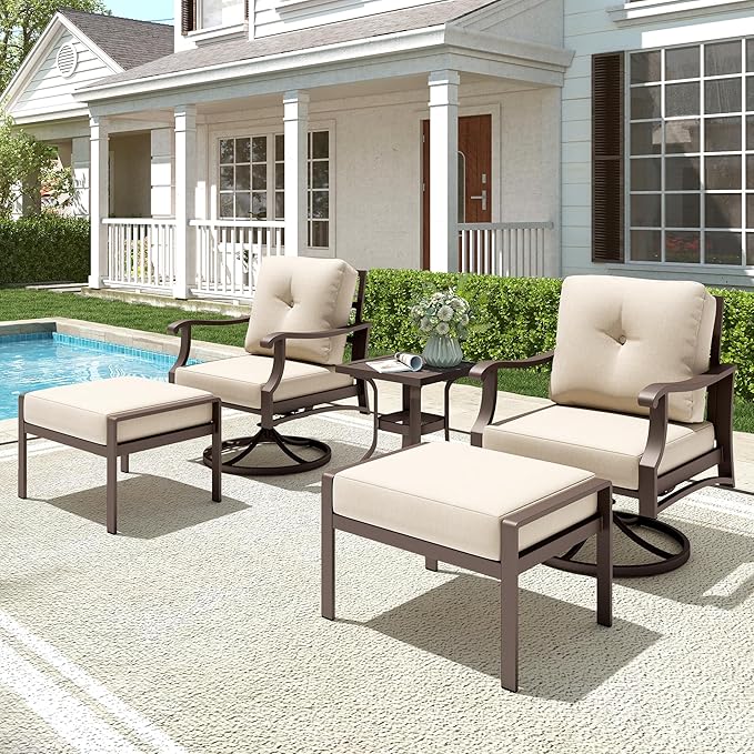 Outdoor Swivel Rocker Chairs w/2 Ottomans, Coffee Table, 5 Piece Metal Patio Conversation Bistro Set with 5" Thickened Cushions, Aluminum Frame for Porch, Backyard, Balcony, Beige