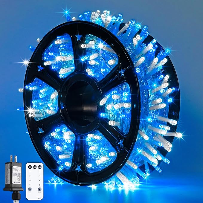 JMEXSUSS 600 LED Blue and White Christmas Lights Outdoor with Remote | 168ft String Lights Indoor Clear Wire Christmas Tree Lights Plug in for Bedroom Tree Birthday Party Xmas Decorations