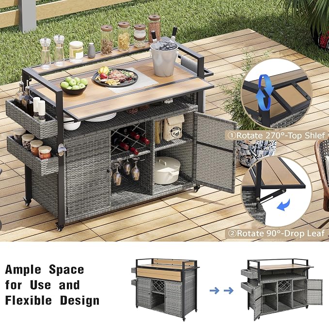 Merax Outdoor Bar Table & Storage Cabinet, Wheels and Drop Leaf Table Top, Patio Bar Table with Raised Shelf for Patio Kitchen or Bar Cart, Grey