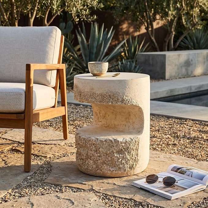 Christopher Knight Home Skye Round MGO Outdoor Side Table With Hollow Cylindrical Design, Square Accent Table with Stone-Like Texture, Weather Resistant Small End Table for Indoor/Outdoor Usage, Beige