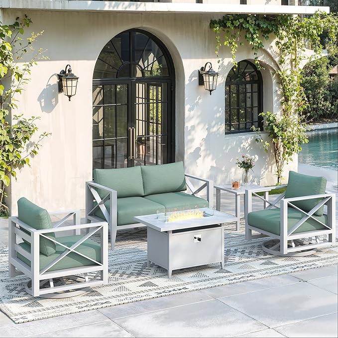 Aluminum Outdoor Patio Furniture Set with Swivel Chairs, 5-Piece Outdoor Sectional with 5.2" Thick Cushions, Patio Conversation Sets with Plus Fire Pit for Backyard,(White,4 Seats)