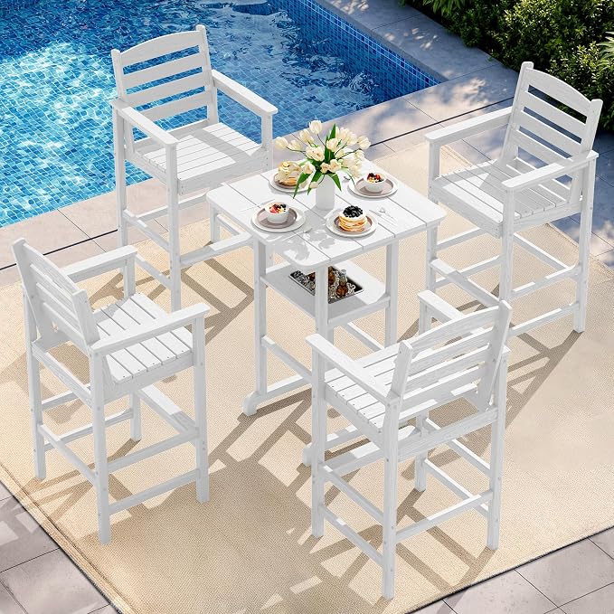 SERWALL Adirondack Bar Chairs and Table 5 Pieces Set, HDPE Bar Height Chairs Set of 2 and Bar Table with Ice Bucket, Outdoor Bar Stools Set for Balcony, Poolside, Backyard, White