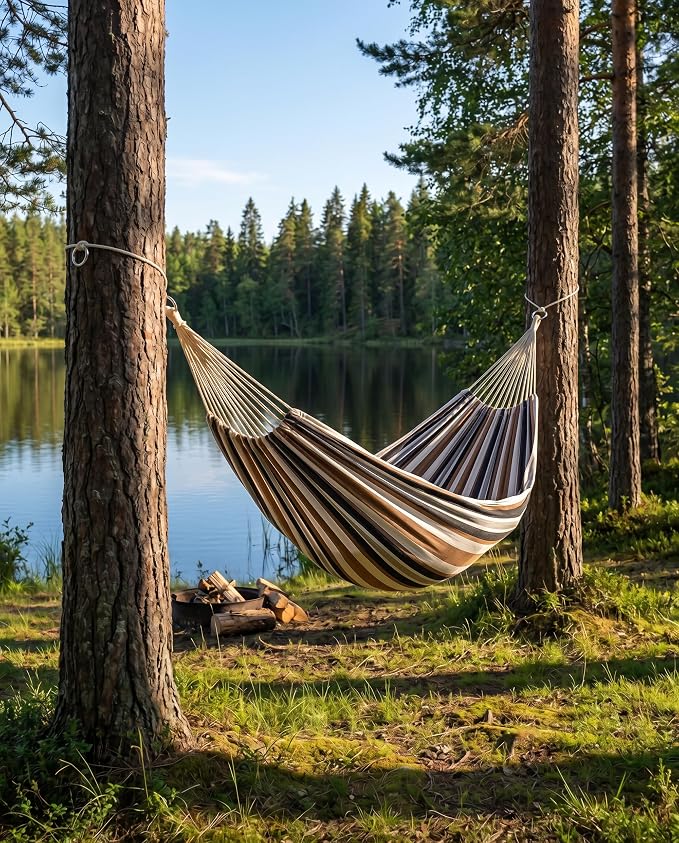 Canvas Hammock 122" Long X 59" Wide 2 Person Hammock 440 pounds Maximum Weight Applicable Scenes in Courtyard Autumn, Indoor Hanging Chairs, Beach Leisure (Black White, Full)
