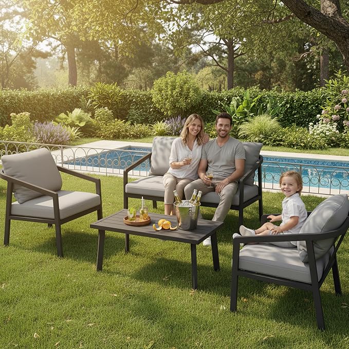 Outdoor Patio Loveseat Sofa, Aluminum 2-Seater Conversation Set with Washable Thick Cushions, Never-Rust Modern Garden Couch Bench for Porch, Poolside, Backyard (Black+Grey)