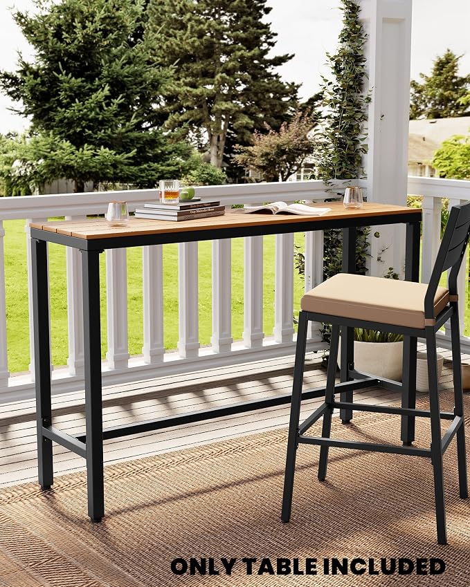 Crestlive Products Outdoor Bar Table, 55'' Rectangle Patio Counter Height Table High Pub Table with Waterproof Top and Sturdy Metal Frame for Balcony, Bistro, Garden, Backyard, Hot Tub (Brown)