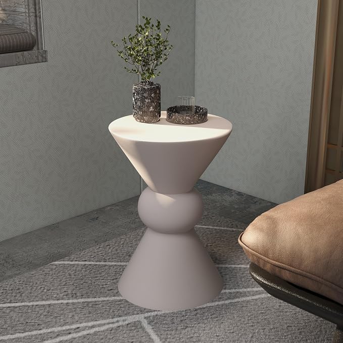 LeisureMod Modern Round Side Table, 18-inch Cream Fiberstone Accent End Table – Weather-Resistant Concrete Look Pedestal Table for Living Room, Patio, Garden & Outdoor Decor