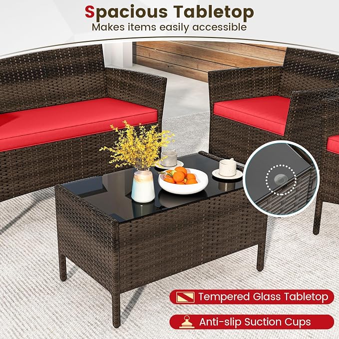 DORTALA Wicker Patio Furniture Set 4 Piece, Outdoor PE Rattan Table & Chairs Set with Tempered Glass Coffee Table, Loveseat, Cushions, Conversation Set for Balcony, Porch, Backyard, Deck, Red