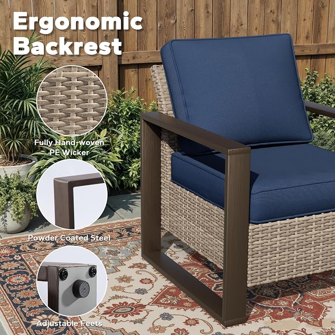 Joyside Outdoor Patio Chairs, 5 Pieces Wicker Rattan Furniture Set, 2 Patio Chairs, 2 Sofa and 2 Ottoman, Metal Wide Armrest, Thick Cushions and Deep Seating for Garden, Backyard, Porch, Deck