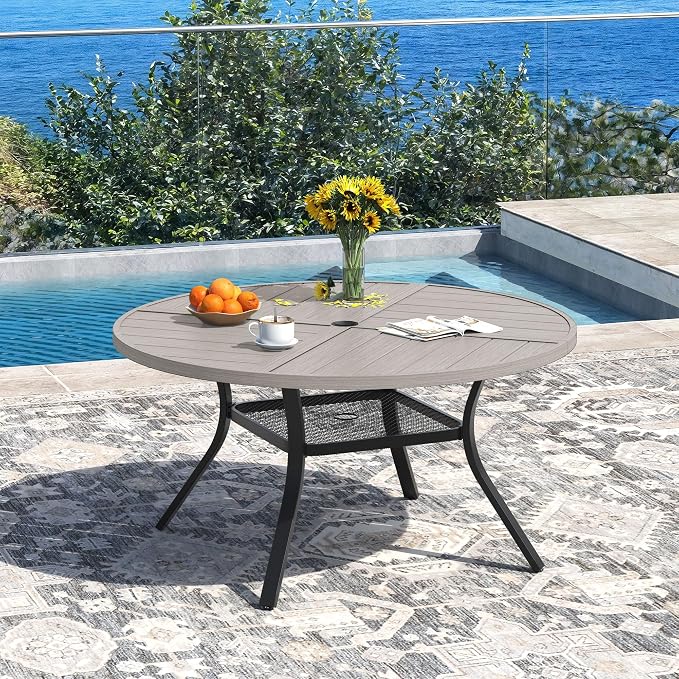 DIFY 7 Pieces Outdoor Dining Set, Metal Patio Table and Chairs Set for 6, 47.2" Round Dining Table with Umbrella Hole & Wicker Stackable Patio Chairs with Cushions, Grey Wood-Like Tabletop
