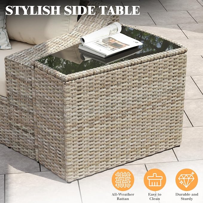 LUXOAK Wicker Outdoor Side Table with Storage and Glass Top, Brown | Patio Wedge End Table, Outdoor Sectional Sofa Companion, UV-Resistant PE Rattan, Tempered Glass Top, Hidden Storage