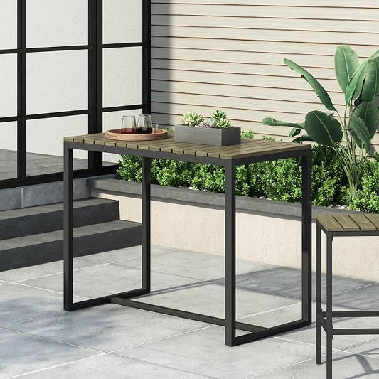 Industrial Acacia Wood Outdoor Bar Table with Metal Frame & Slat Design - Weather-Resistant Patio Furniture for Entertaining (51.25" W x 27.50" D x 40.25" H)