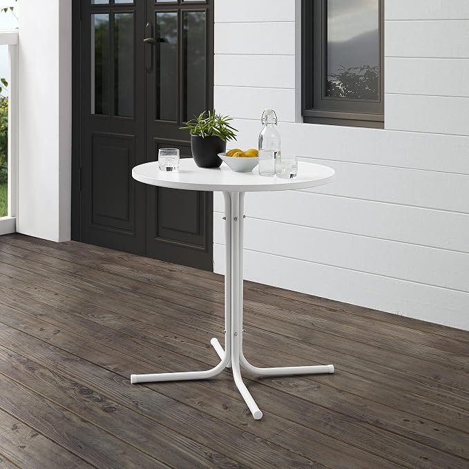 Crosley Furniture Griffith Round Outdoor Bistro Table, Retro Metal Patio Furniture for Dining, Porch, Deck, White Satin