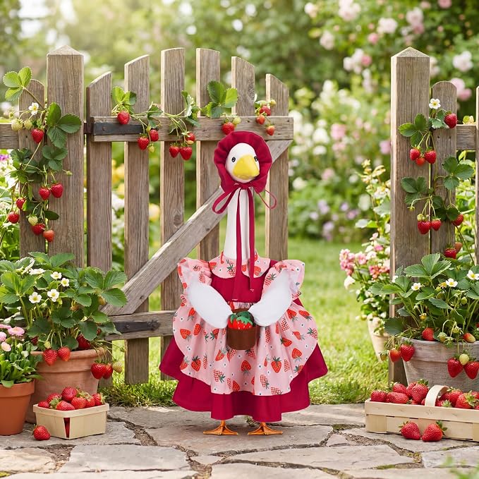 Abbylike Summer Porch Goose Outfits for 23''/17" Cement Statue Strawberry Goose Outfit Strawberry Gril with Basket Costume for Spring Summer Outdoor Yard Lawn Patio Decor