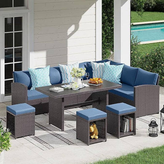 JOIVI Patio Furniture Set, 7 Piece Patio Dining Sofa Set, Outdoor Sectional Sofa Conversation Set All Weather Wicker Rattan Couch Dining Table & Chair with Ottoman, Aegean Blue