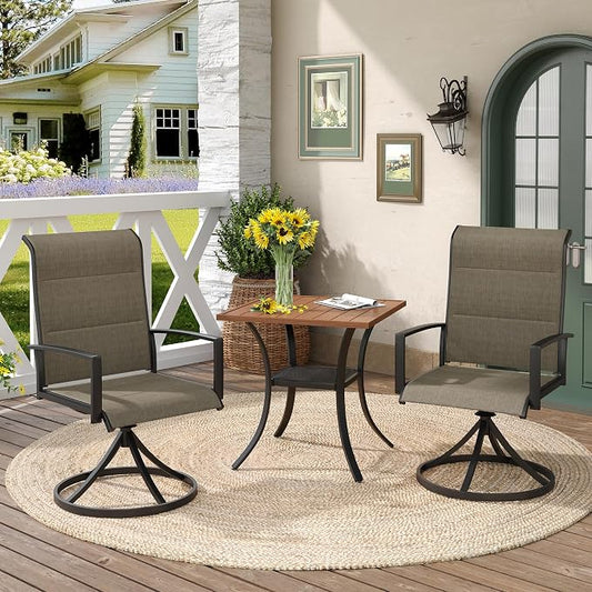 DIFY 3 Piece Outdoor Dining Set for 2, Patio Furniture Set with Padded Textilene Swivel Patio Chairs and 27.6" Small Square Metal Dining Table, Brown Fabric & Walnut Tabletop