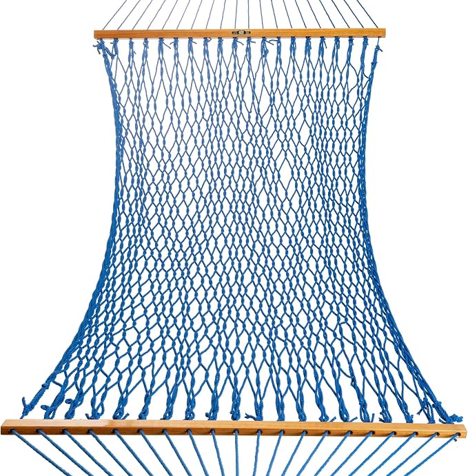 Original Pawleys Island Single Coastal Blue DuraCord Rope Hammock – 12 ft. x 50 in., 1-Person, 450 lb Capacity, Oak Spreader Bar, Zinc-Plated Hardware, Handcrafted in the USA