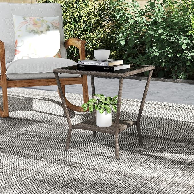 Outdoor Small Patio Table - PE Rattan Coffee Table, Wicker Side Table for Patio, Balcony & Porch, Durable & Iron Frame (2, Sesame Brown)